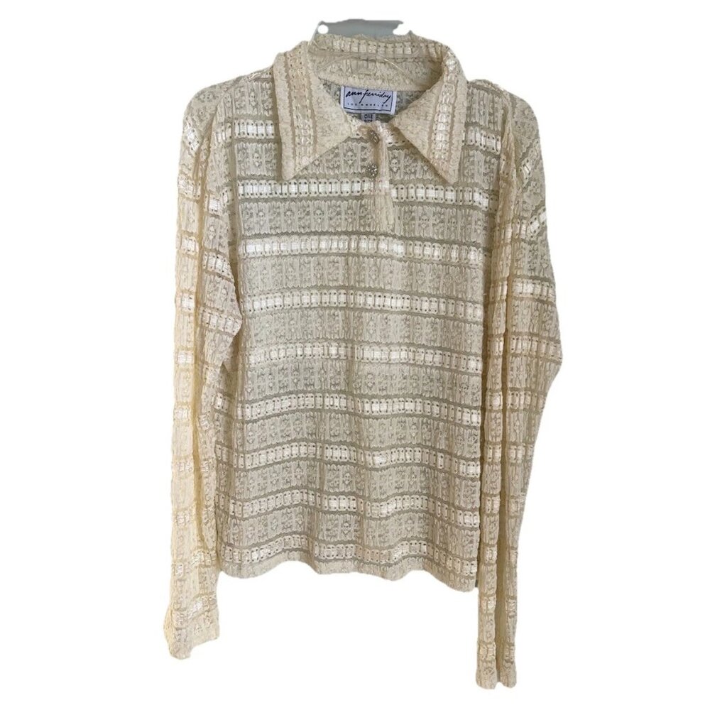 Ann Ferriday Vintage Ivory Lace Long Sleeve Top Sheer Y2K Made in USA